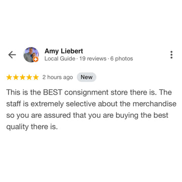 Five-star review from Amy Liebert praising a consignment store's quality and staff selection.