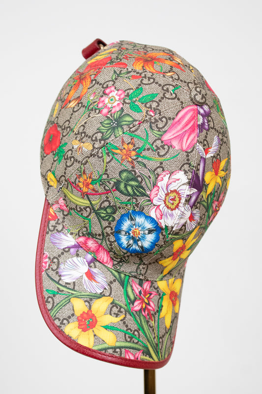 Colorful floral-patterned cap against a white background