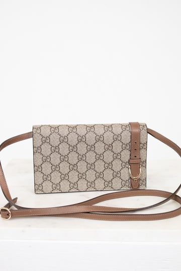 Gucci brown monogram crossbody on white background