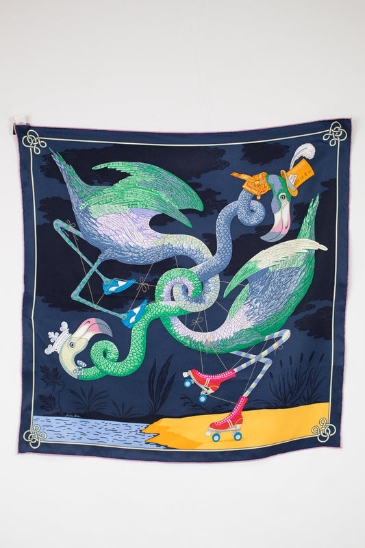 Decorative scarf with colorful flamingo design on a white background