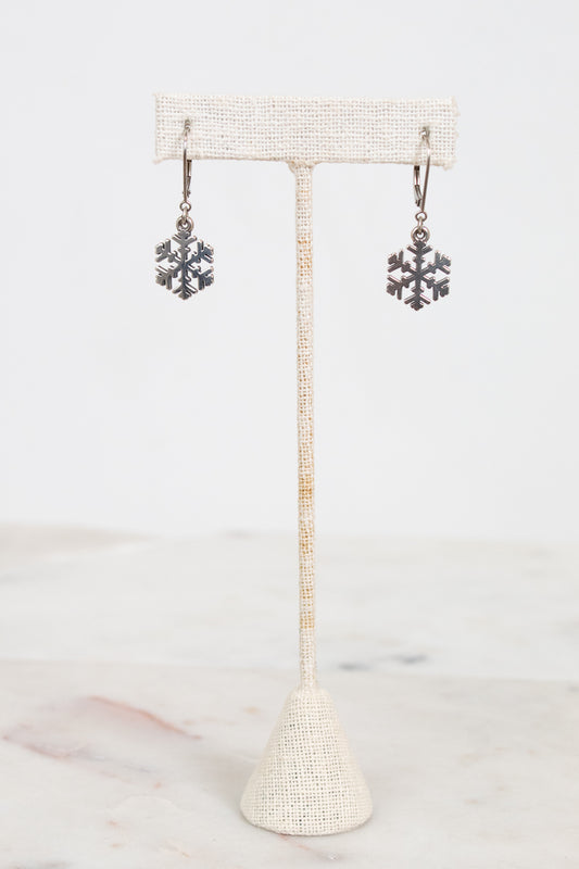 Snowflake earrings on a stand with a white background