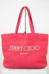 Pink tote bag with 'Jimmy Choo Miami' text on a white background