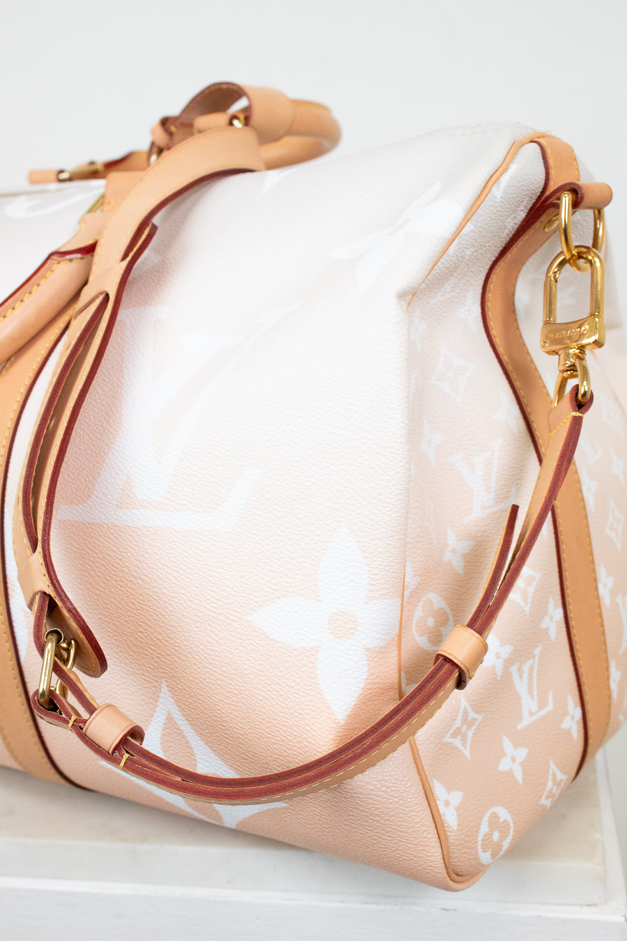 Designer handbag with beige strap and gold hardware on a white background