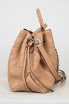 Beige handbag with chain detail on a white background