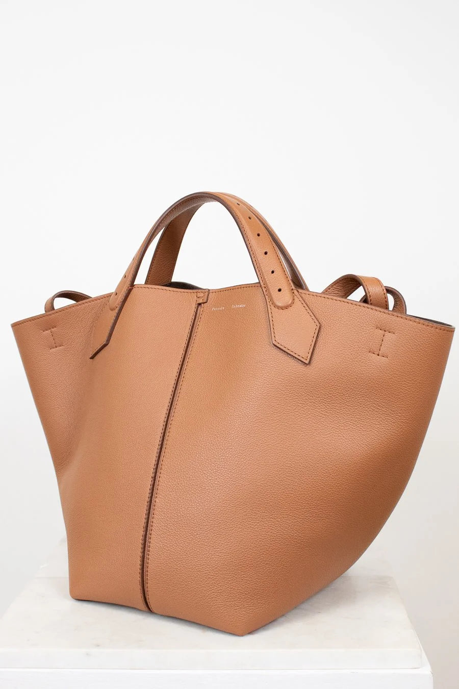 Tan leather tote bag on a white background