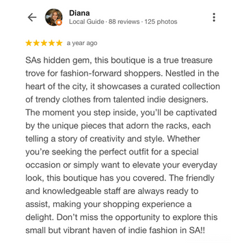 Five-star review of a boutique by Diana, praising its unique clothing collection and customer service.
