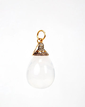 White teardrop-shaped pendant with gold and diamond accents on a white background