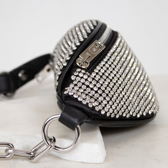 Black studded belt bag with silver chain details 