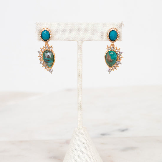 Pair of earrings with turquoise stones on a white stand against a marble background