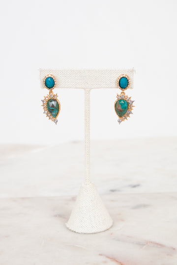 Pair of earrings with turquoise stones on a white stand against a marble background