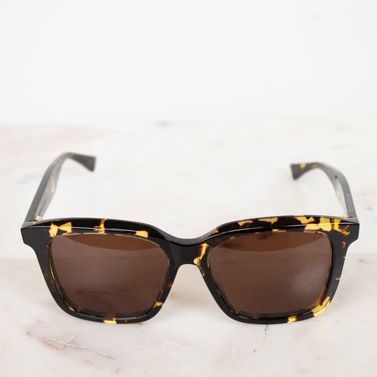 Sunglasses with tortoiseshell frame and brown lenses on a light background