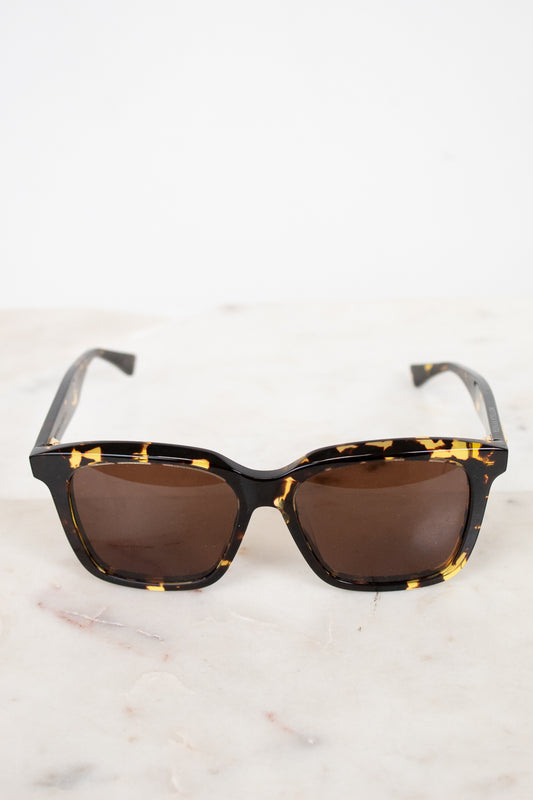 Sunglasses with tortoiseshell frame and brown lenses on a light background