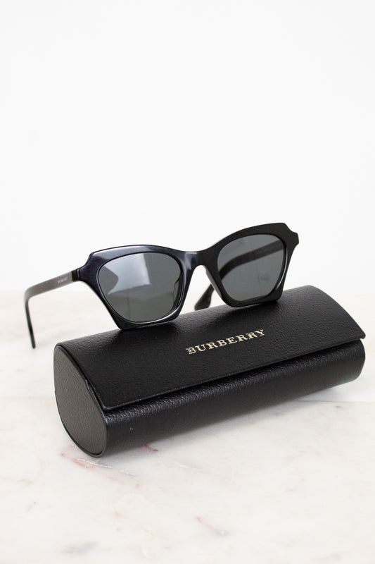 Black sunglasses with a Burberry case on a light background