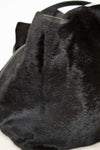 Close-up of a black faux fur handbag or purse showing the soft textured material and a dark handle against a plain white background.