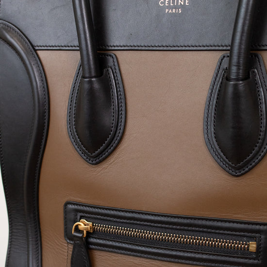 Celine handbag with brown, black, and gray color scheme on a white background