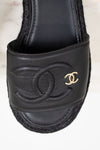 Black Chanel sandal with logo on a light background