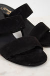 Black suede sandals on a white background