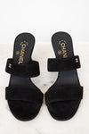 Pair of black Chanel sandals on a white background