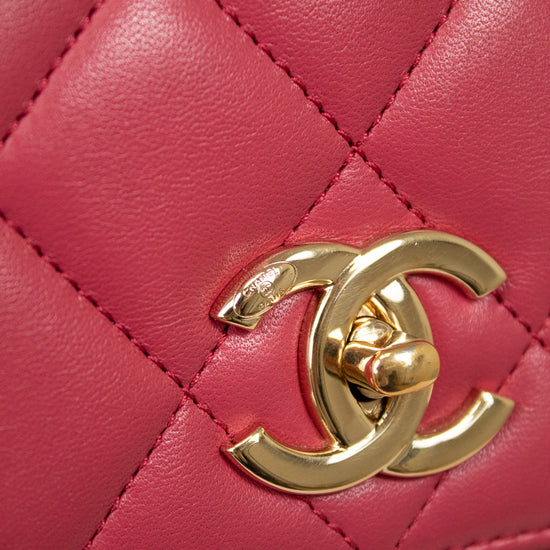 Close-up of a pink quilted handbag with a gold Chanel logo.