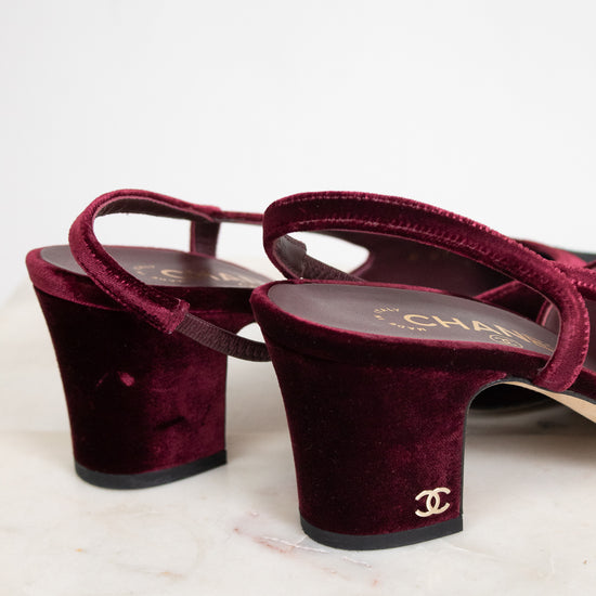 A pair of Chanel slingback block-heel sandals in deep burgundy velvet, featuring a gold-tone interlocking CC logo on the heel and a gold insole logo, displayed on a light marble surface against a white background.