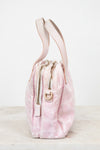 Pink tie-dye drawstring bag with a gold zipper on a white background