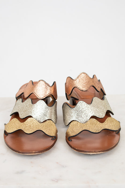 Pair of sandals with wavy design on a white background