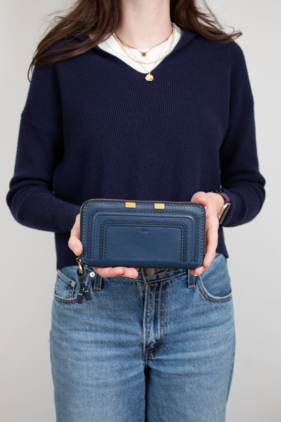 Person holding a blue wallet against a plain background