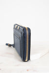Navy blue wallet with gold zipper on a white background