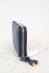 Navy blue wallet with gold zipper on a white background