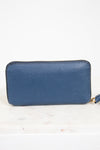 Blue wallet with a gold zipper on a white background