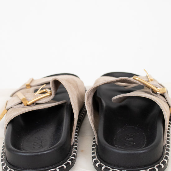 Pair of black and beige shoes with gold accents on a white background