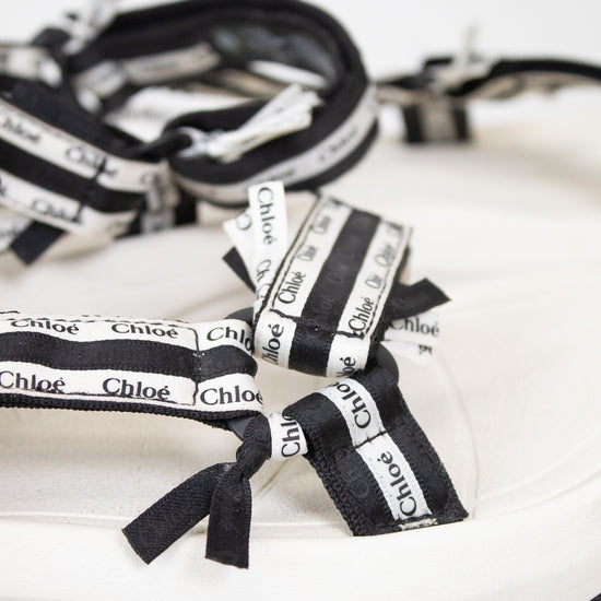 Close up of black and white 'Chloe' sandals