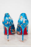 Blue high-heeled shoes with cartoon character design on a white background
