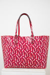 Red tote bag with white pattern on a white background