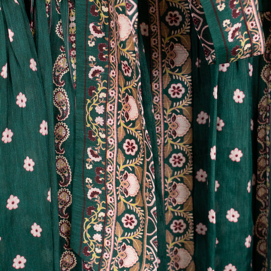 Close-up of green fabric with floral and paisley patterns