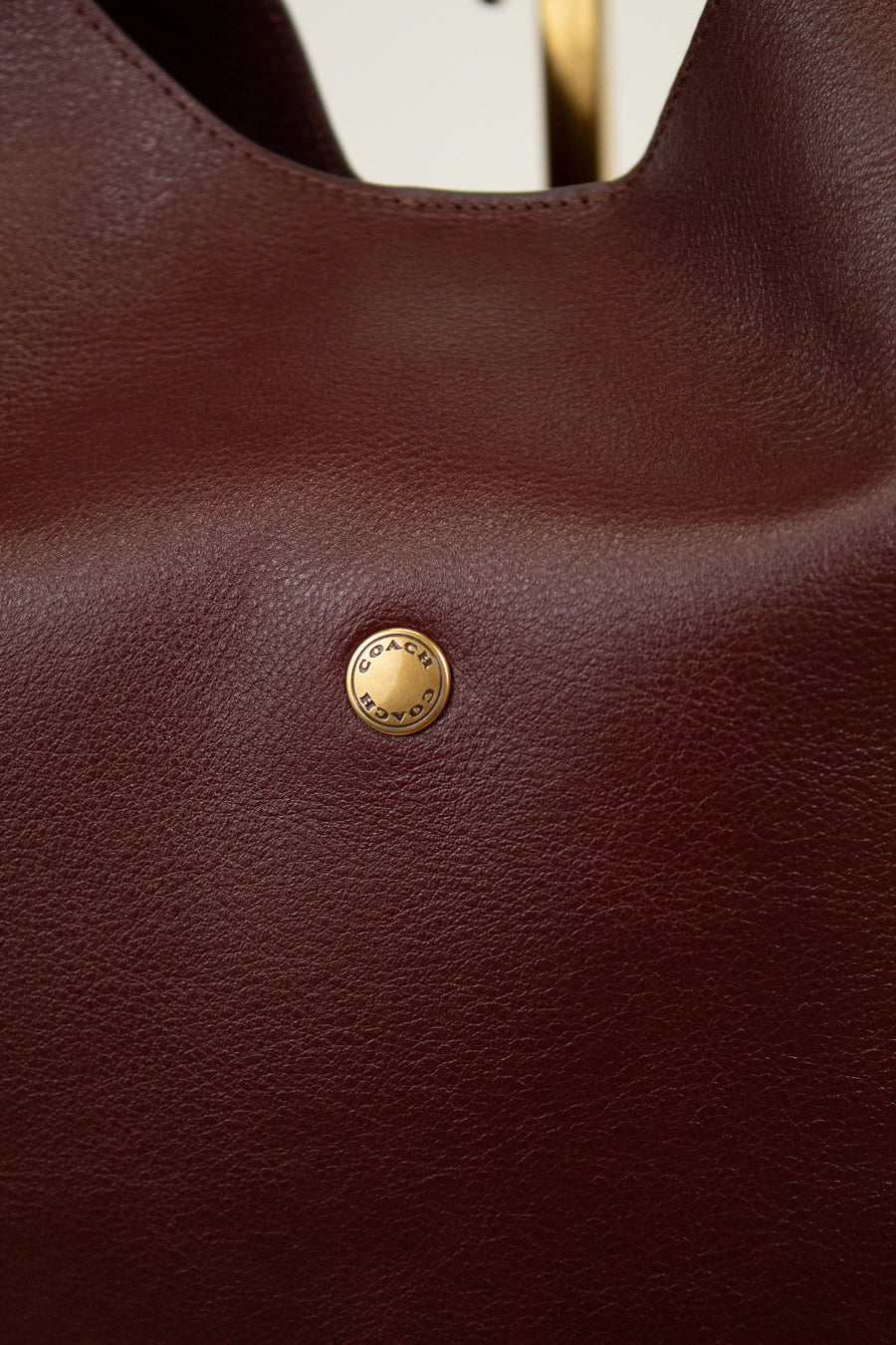 Close-up of a maroon leather bag with a gold logo emblem.