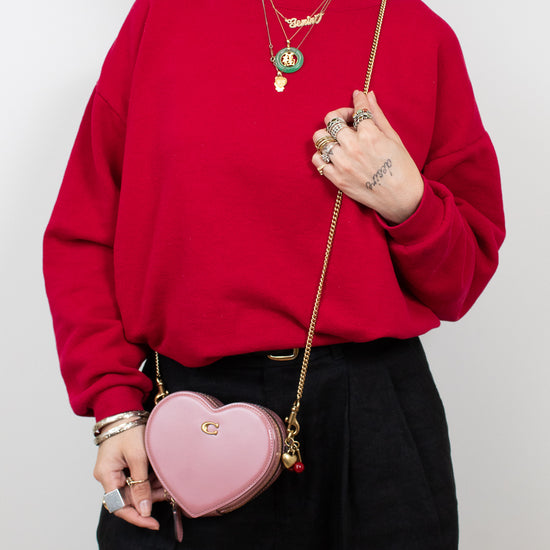 Person wearing a red sweater and holding a pink heart-shaped bag against a white background
