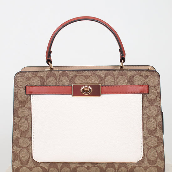 Handbag with brown and red design on a white background