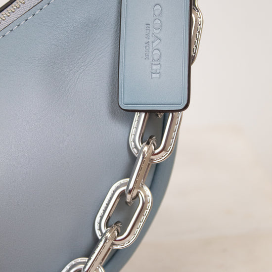 Close-up of a Coach handbag with a silver chain detail on a light background