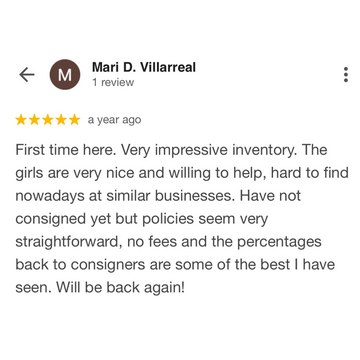 Five-star review from Mari D. Villarreal on a white background