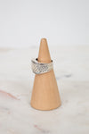 Side view of silver cable band ring with diamond border details
