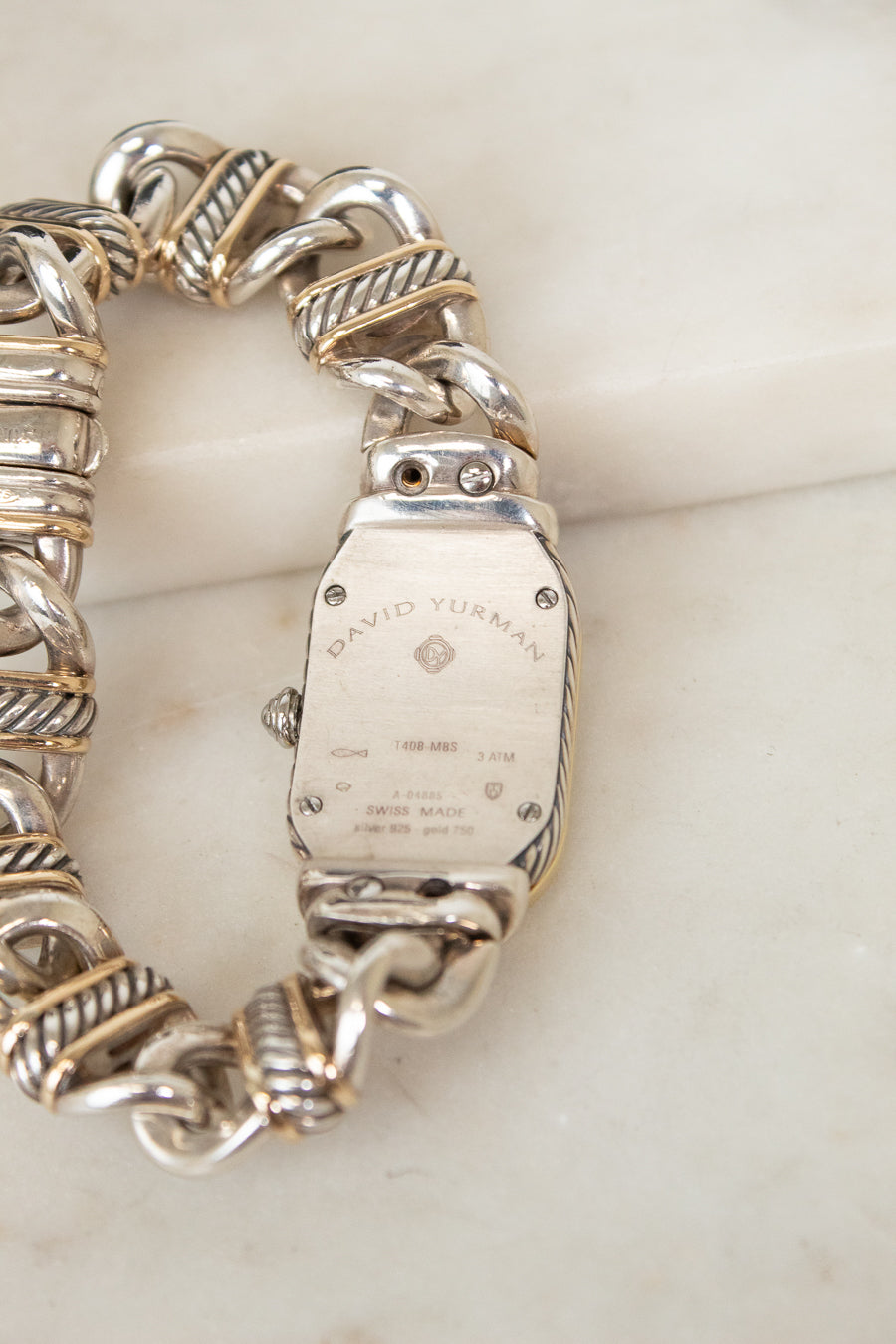 Back of gold and silver 'David Yurman' Watch with intricate band desin