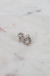 Silver ring with two starburst designs on a marble surface