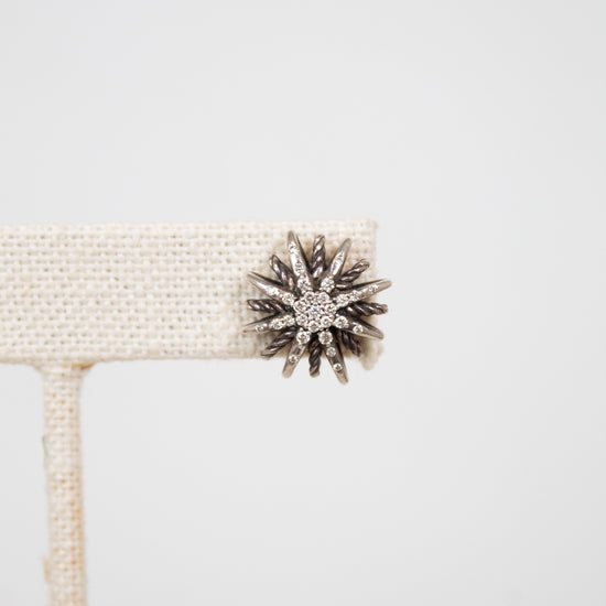 Silver star-shaped earring on a white background