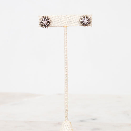 Earrings on earrings stand on a white background