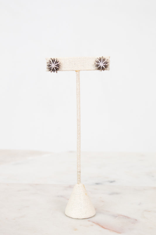 Earrings on earrings stand on a white background