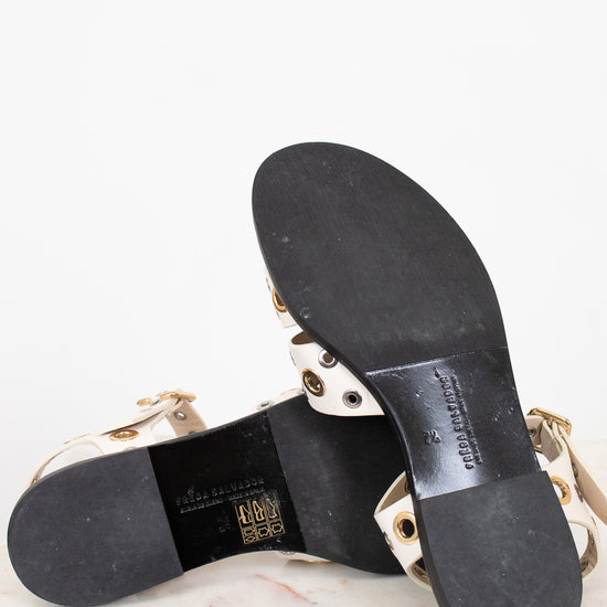 Black sandal sole with brand name on a white background