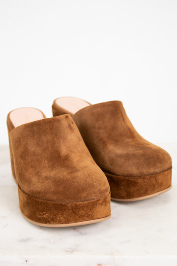 Pair of brown suede clogs on a white background
