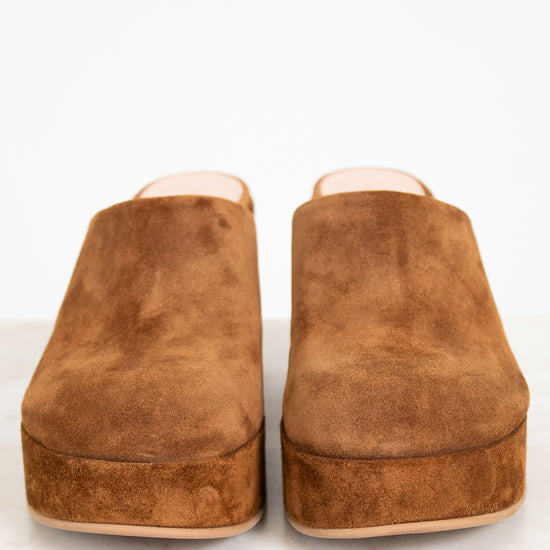 Pair of brown suede clogs on a white background