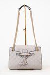 Gray handbag with gold chain strap on a white background